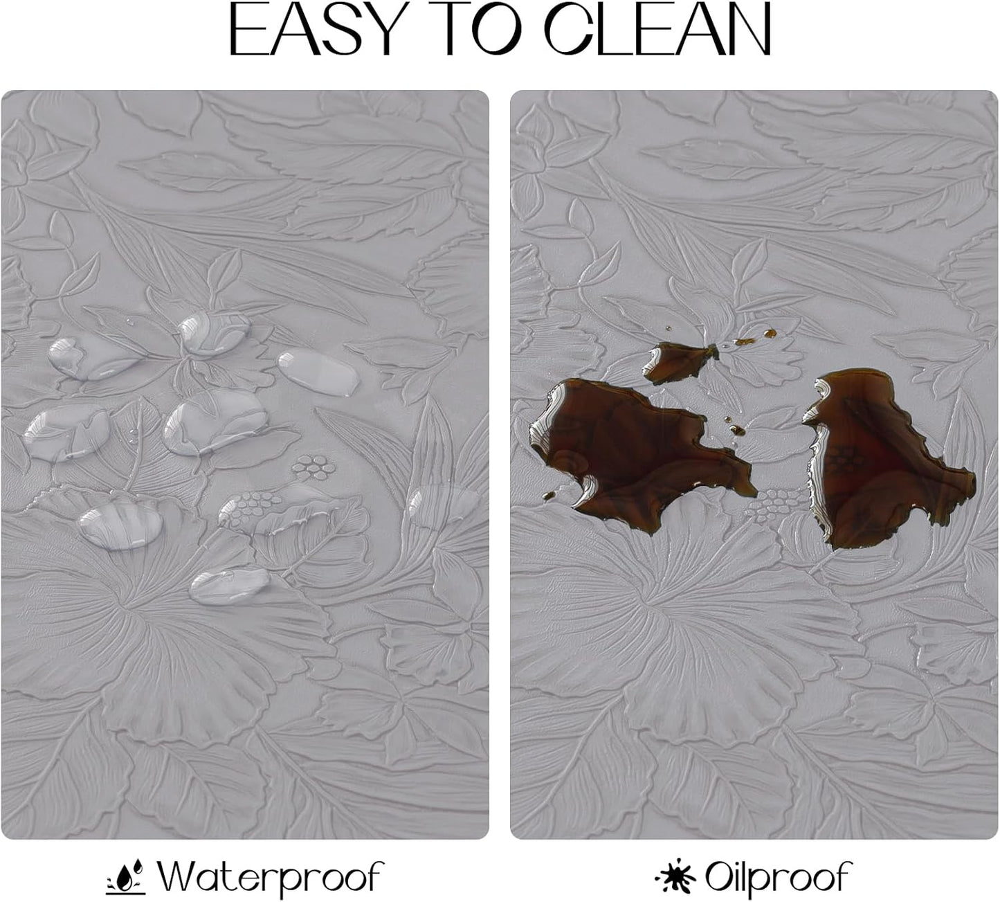 Romanstile Vinyl Placemats Set of 8-12 X 18 Inch - Heat Resistant Non-Slip Embossed Floral Place Mats 100% Waterproof Oilproof Wipeable Faux Leather Table Mats for Kitchen/Dining/Party, Grey