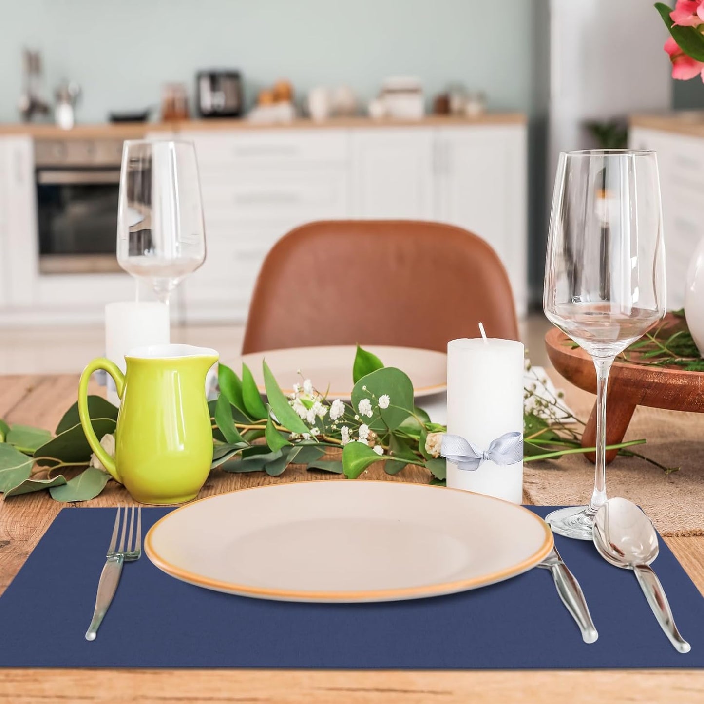 MANSPHIL Navy Blue Cloth Placemats Set of 6, Double Layer Faux Linen Place Mats Heat Resistant Washable Table Mats for Dining Kitchen, 13x19 Inch