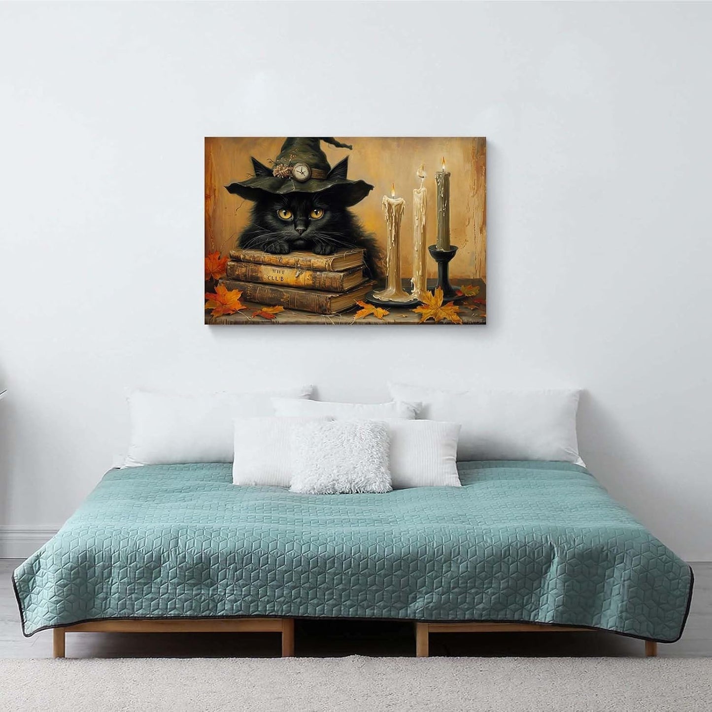 JFHCQJPK Vintage Halloween wall decoration black cat and magic book suitable for home bedroom living room decoration dark classic art witch wall decoration32x48in Frameless