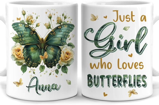 Hyturtle Personalized Floral Butterfly Mug - Butterfly Gifts For Women Lovers - Animal Gift For Bird Lover Her - Bird Gifts For Mom on Mother Day - Custom Name Coffee Cup Ceramic Mug 11 Oz 15 Oz