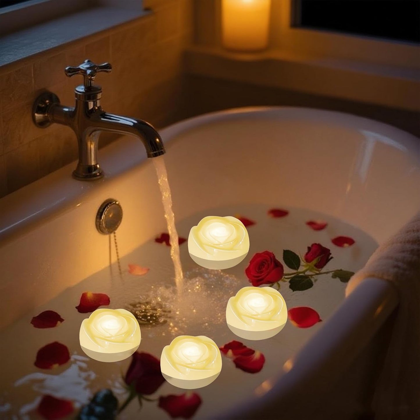 Aignis 12pcs Flameless LED Floating Candles, Ivory Rose Plastic Tealights Battery Operated, 120+ Hours Glow Time, Cozy Light for Romantic Pool/Bathtub/Hot Bath/Wedding Centerpiece Decor(D2.83*H1.42)