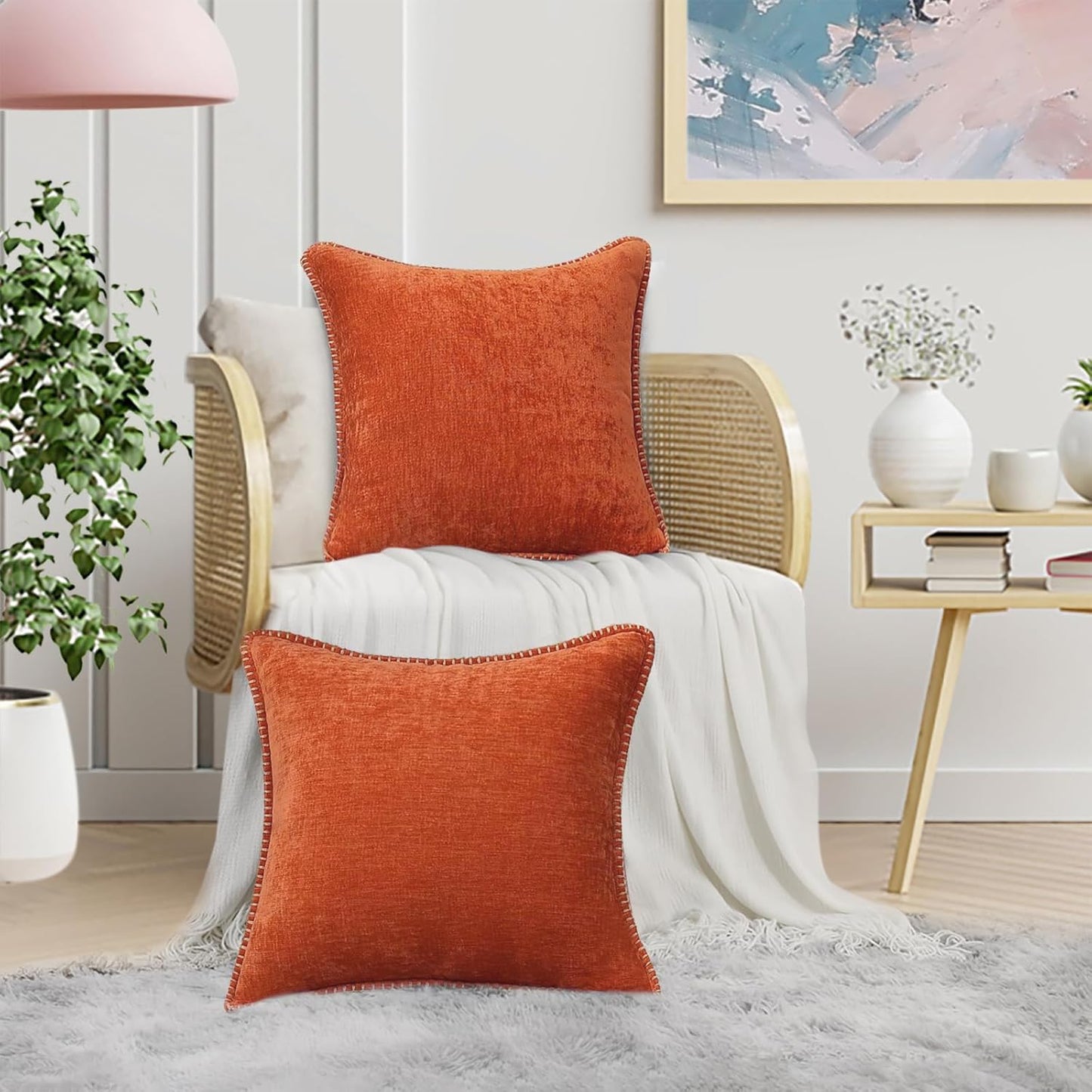 decorUhome Fall Chenille Soft Throw Pillow Covers 18x18 Set of 2, Farmhouse Velvet Neutral Decorative Euro Pillow Covers with Stitched Edge for Couch Sofa Bed Home Decor, Rust