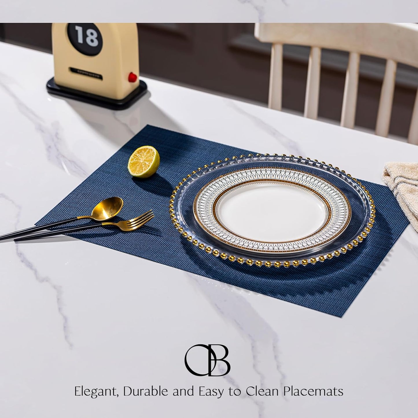 Placemats Set of 6 - Easy Clean Woven Vinyl Placemats for Dining Table, Indoor/Outdoor Place Mats, Washable PVC Table Mats（Navy Blue）