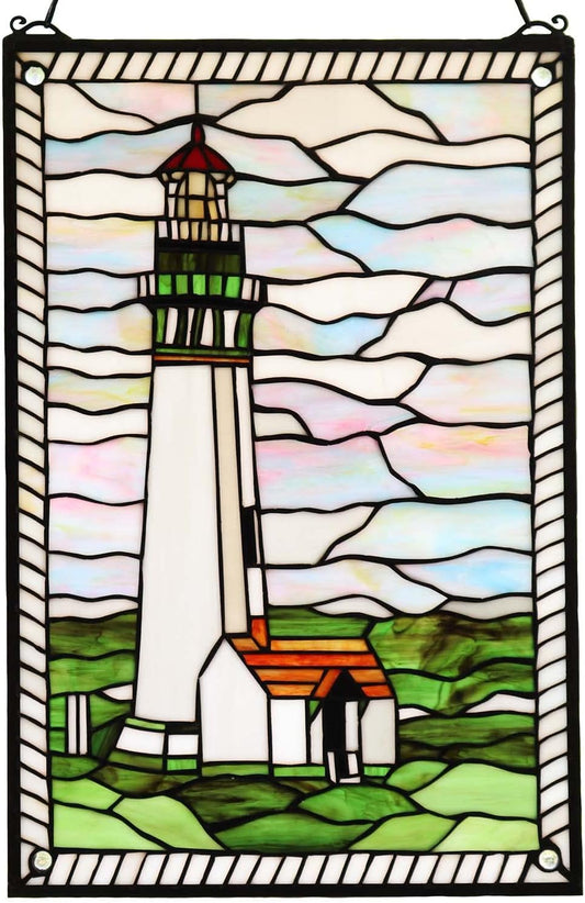 Bieye W10005 Pigeon Point Lighthouse Tiffany Style Stained Glass Window Panel with Hanging Chain, 15" W x 23" H