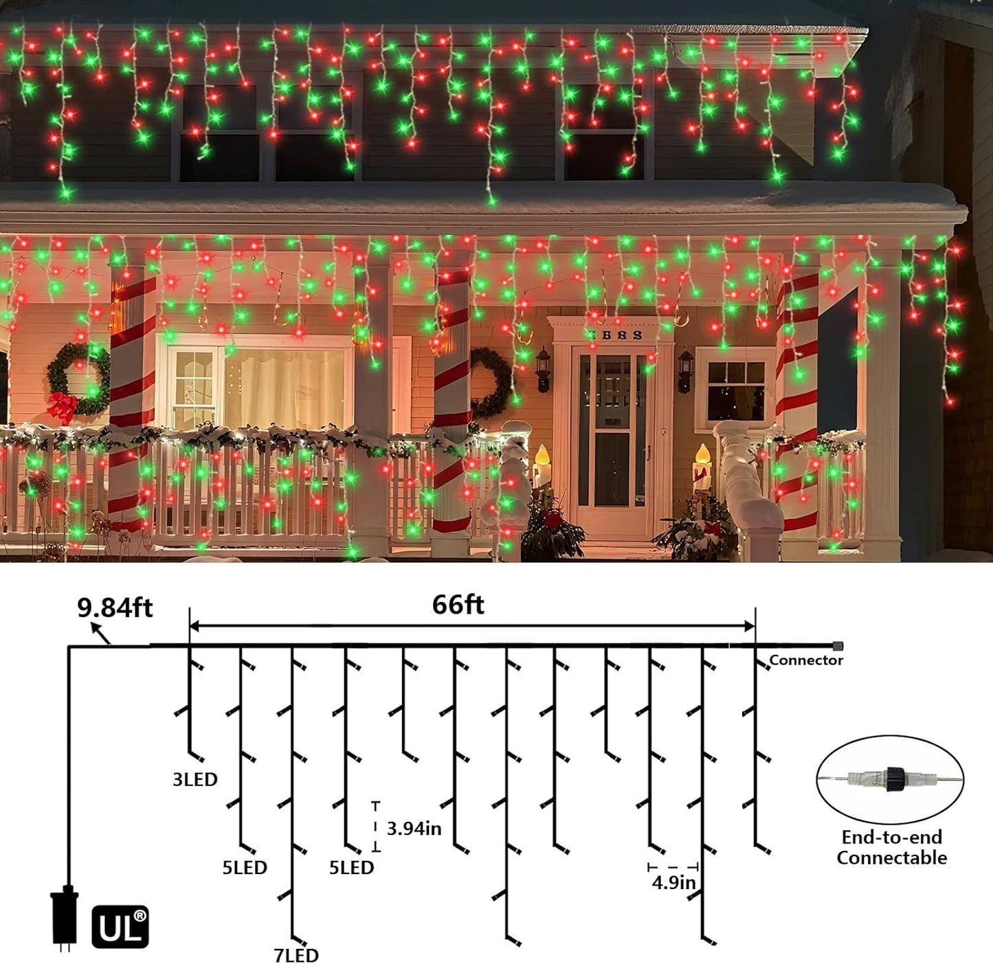 QITONG 800 LED Icicle Lights Red and Green