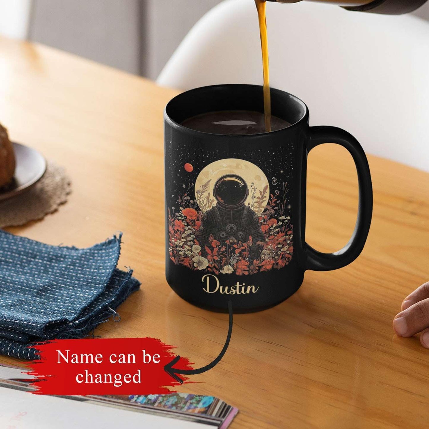 Astronaut with Moon and Wildflowers Coffee Mug, Custom Name Ceramic Cup 11oz 15oz, Unique Astronaut Coffee Cup for Friends, Personalized Astronomy Black Mug, Gifts for Birthday
