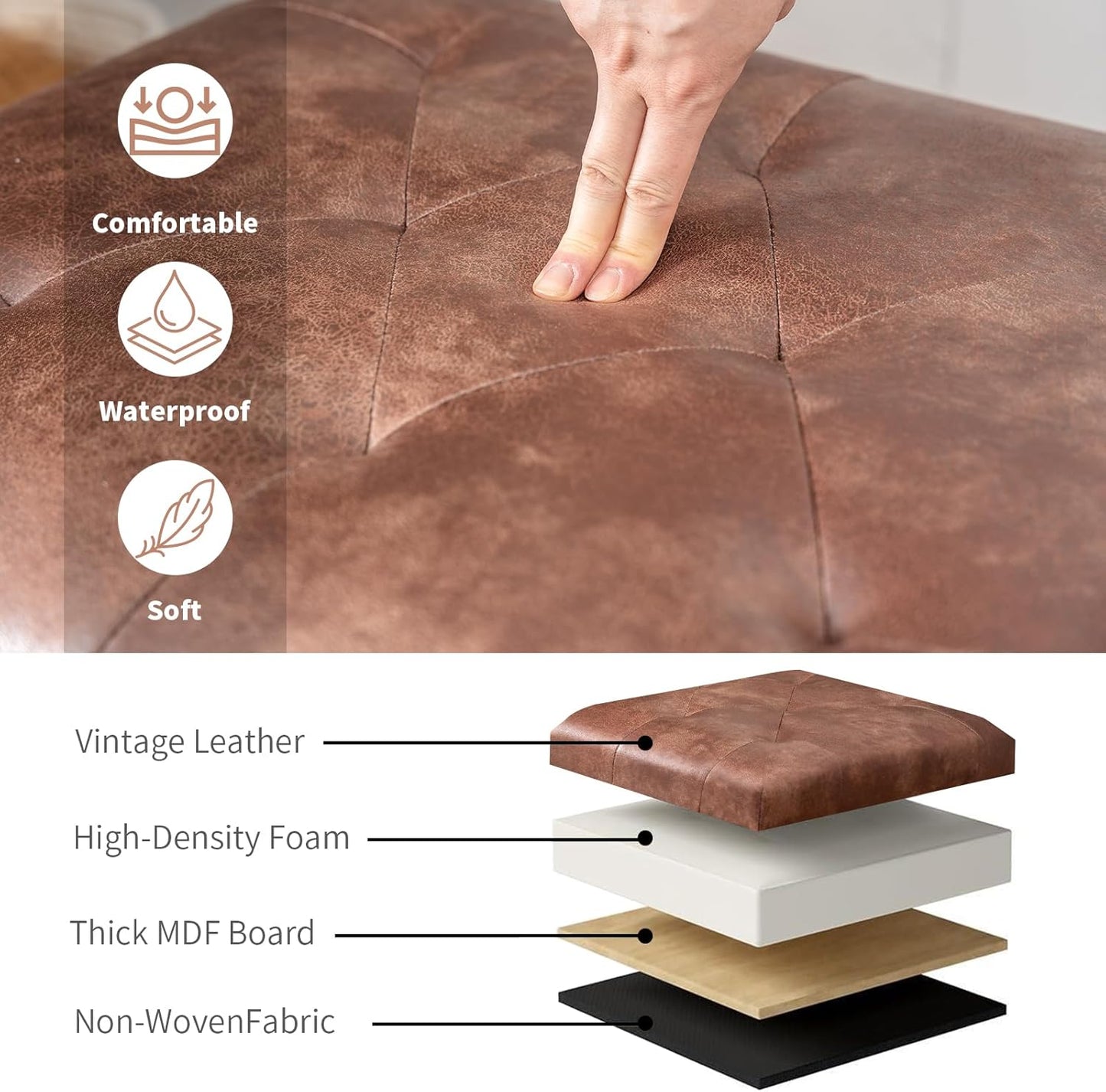 Joveco Leather Storage Ottoman, 24" Rectangle Tufted Square Upholstered Bench, Foot Rest Stool with Wood Legs, Footstool for Living Room Bedroom, Coffee