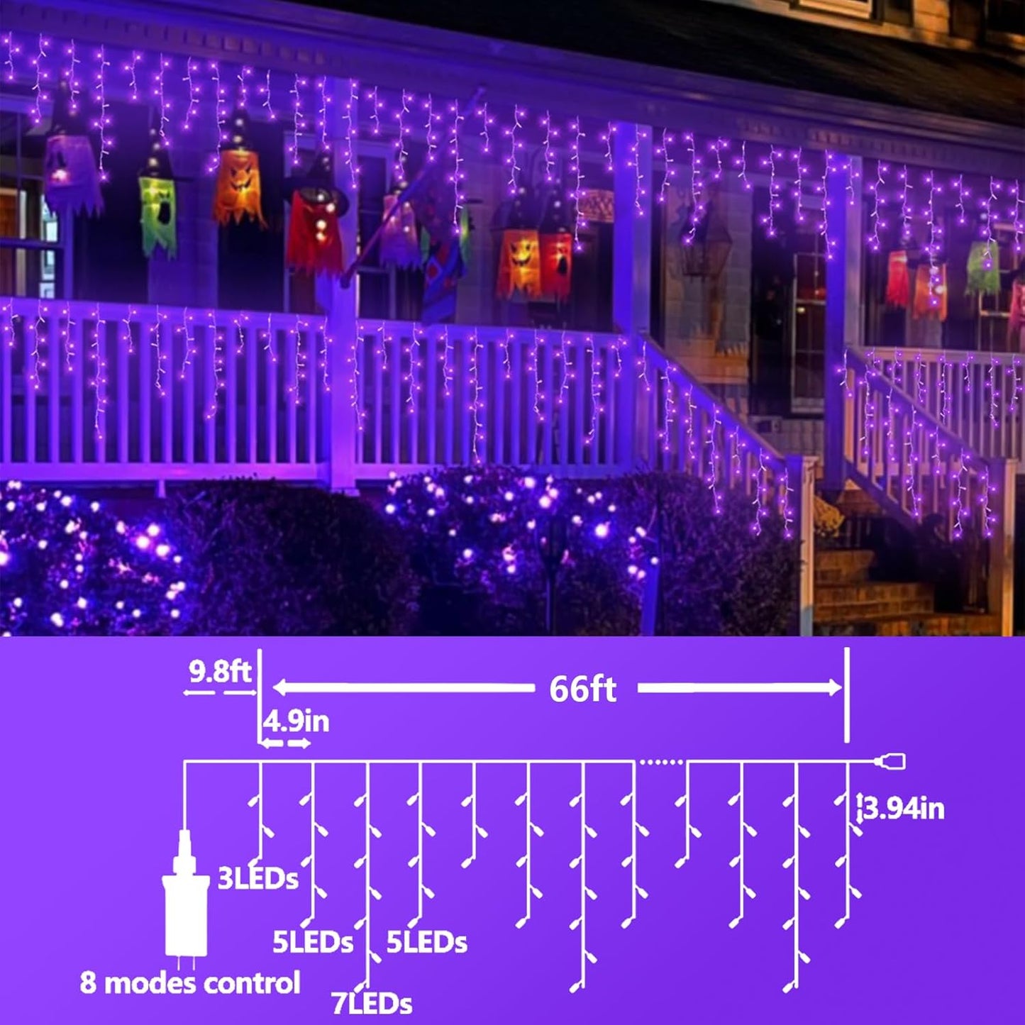 QITONG Purple Halloween Lights, 66ft 800 LED Icicle Light for Outside Indoor Plug in, 8 Modes Clear Wire Connectable Christmas Lights with 160 Drops