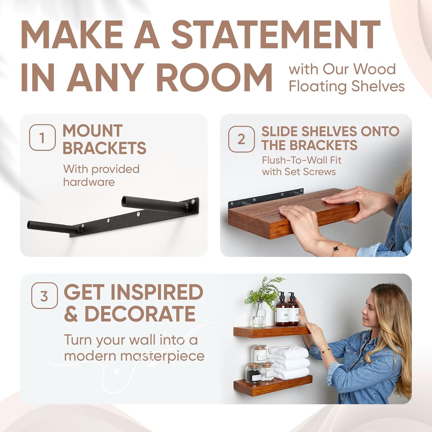 Homeforia 16 inch Oak Floating Shelf, High End Solid Real Wood 16inch Small Floating Shelves for Wall Mounted, Honey Oak Wooden 16in Floating Shelves, Heavy Duty Bracket, 16 X 6.5 X 1.75 in, Set of 4