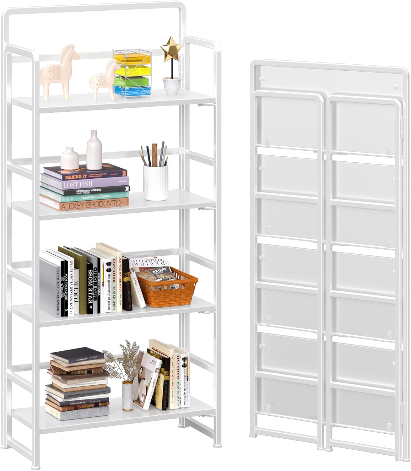 4NM No Assembly Foldable Bookshelf, 4-Shelf Collapsible Bookcase Storage for Small Spaces, 54" H, All White