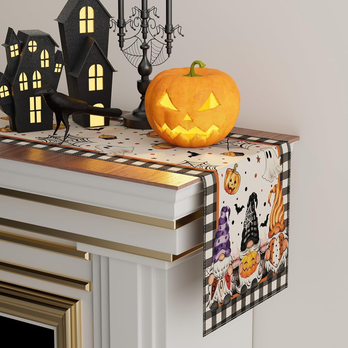 XCHI Spooky Boo Plaid Gnome Halloween Table Runner Party Table Decoration for Home Kitchen Dining Holiday Decor 13x90 Inch