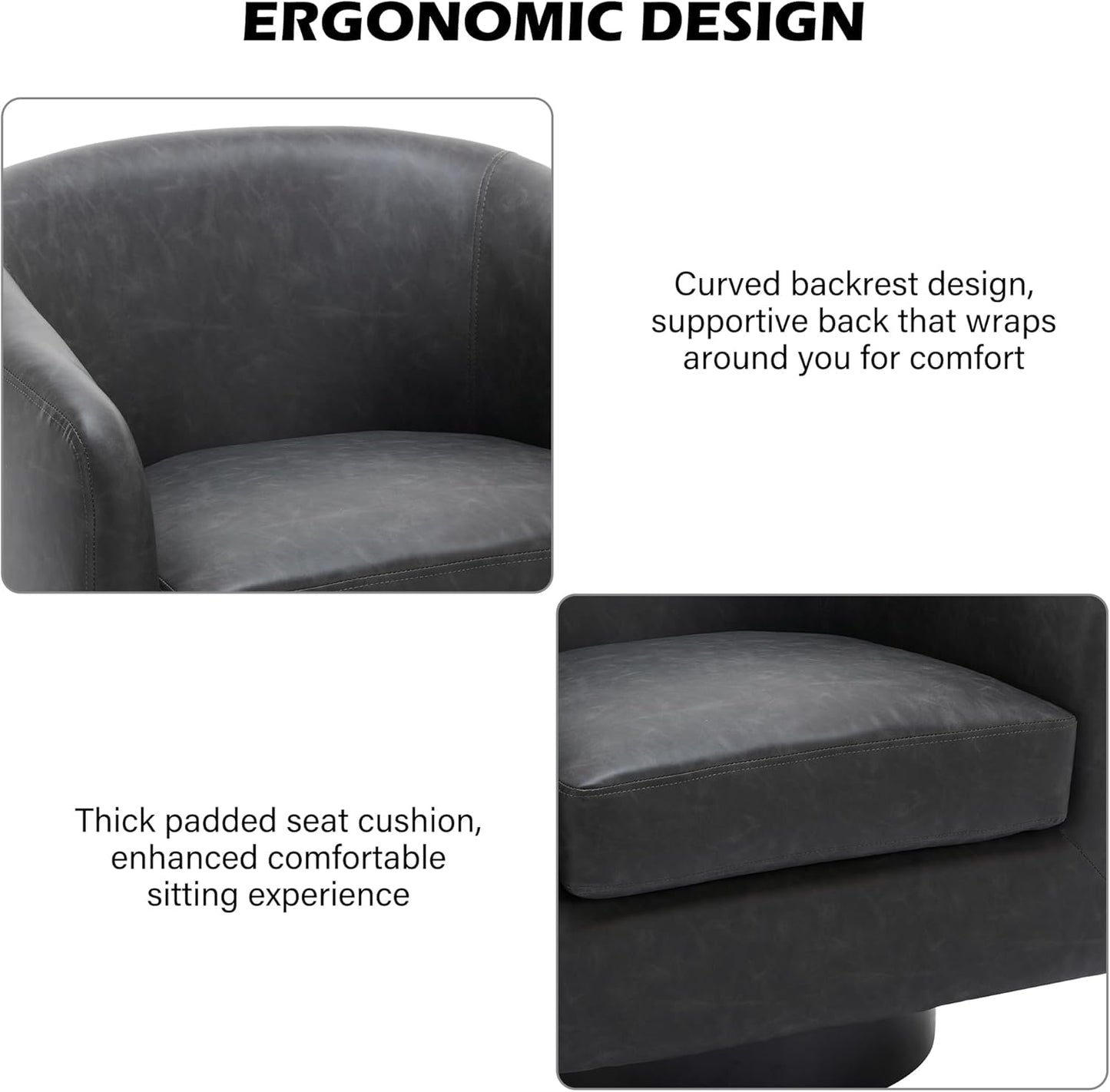 Swivel Barrel Accent Chair, Modern Round Faux Leather Arm Chair for Living Room, Bedroom, Comfy Club Reading Chairs for Adults (Faux Leather, Black Grey, Set of 2)