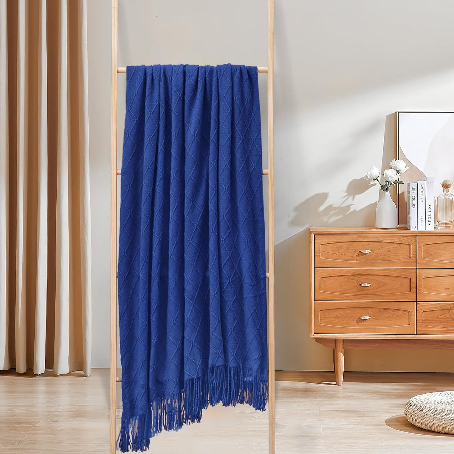 inhand Knit Klein Blue Throw Blanket for Couch, Soft Living Room Home Decor Knitted Twin Size Blanket, Outdoor Lightweight Breathable Summer Blanket, Farmhouse Warm Woven Decorative, 60"x80"