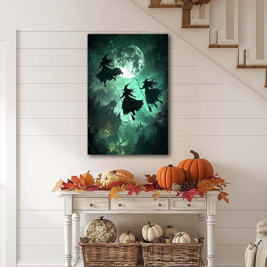 Flying Three Witches Halloween Canvas Wall Painting,Witches on Broom Under Full Moon Castle Victorian Decoration Haunted House Retro Poster for Living Room Bedroom Gallery,8"x12" Framed