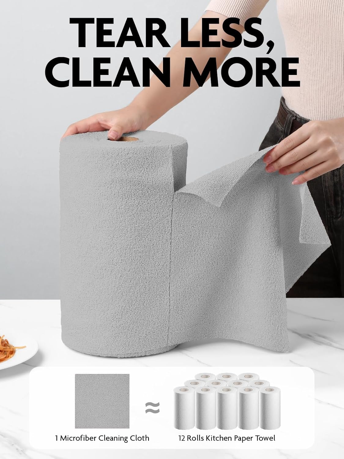 Fantasticlean Microfiber Cleaning Cloth Roll -150 Sheets, Tear Away Microfiber Towels, 12" x 12", Reusable Washable, Ultra Absorbent Dish Rags for Car, Home, Garage or Shop (2 Rolls of Grey)