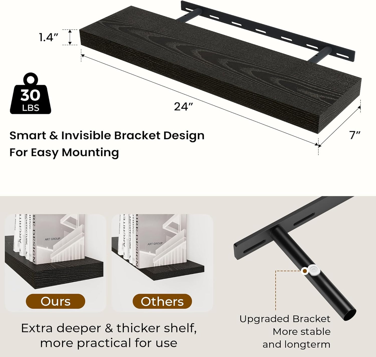 24 inch Floating Shelves Long Floating Shelves for Wall Large Wall Mounted Shelves with Invisible Brackets, Black Shelves for Bathroom, Living Room, Kitchen, Office, 24x6.7 inch deep Set of 2