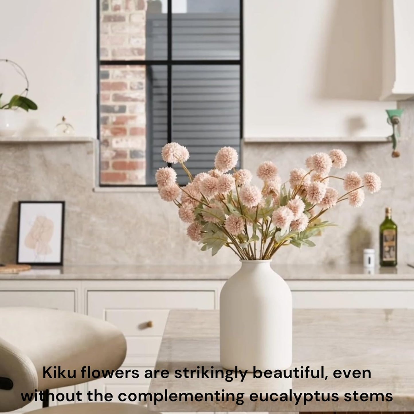 Beige Fake Flowers Silk 10 Stems With Eucalyptus, Faux Flowers For Vase, Artificial Mums Long Stem, Mini Faux Mums Flower Bulk, Tan Nude Cream Neutral Floral, Chrysanthemum Pom Pom Floral Arrangements