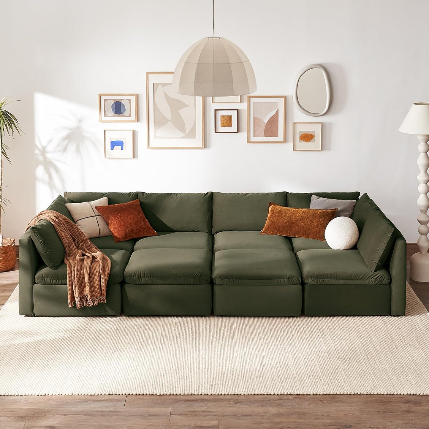 mopio Oversized Modular Sectional Sofa with Fully Removable Covers and Storage, Convertible U, L-Shaped and Sleeper Sectional, Modern Couches with Ottoman Chaise (Olive Green Velvet, 8 Seats, Sleeper)