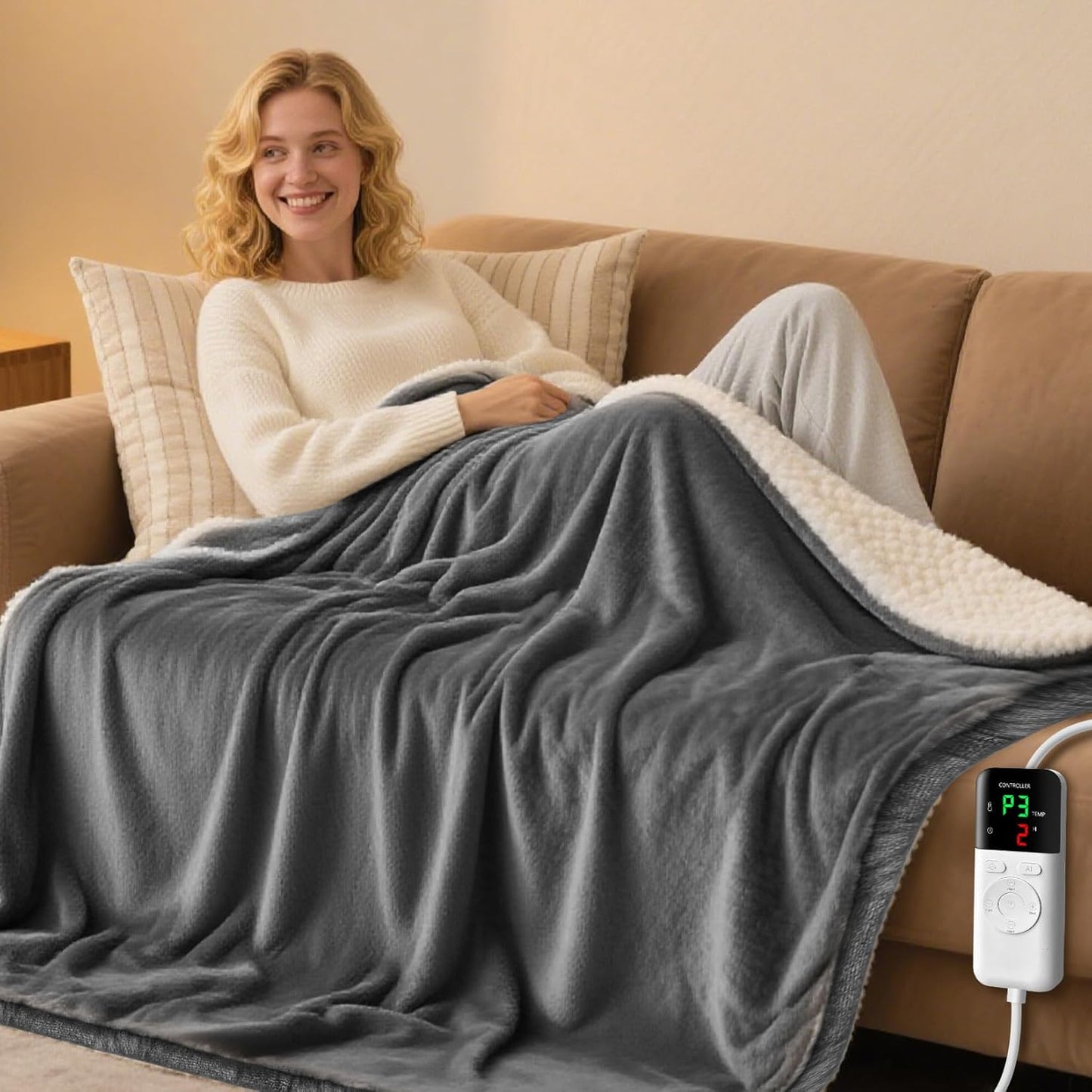 Heated Blanket Throw 50x60, Extra Plush 220GSM Flannel & Sherpa with Child Lock | 6-Level Smart Adaptive Heat & 8Hr Timer | ETL Certified Electric Blanket for Full Body Comfort