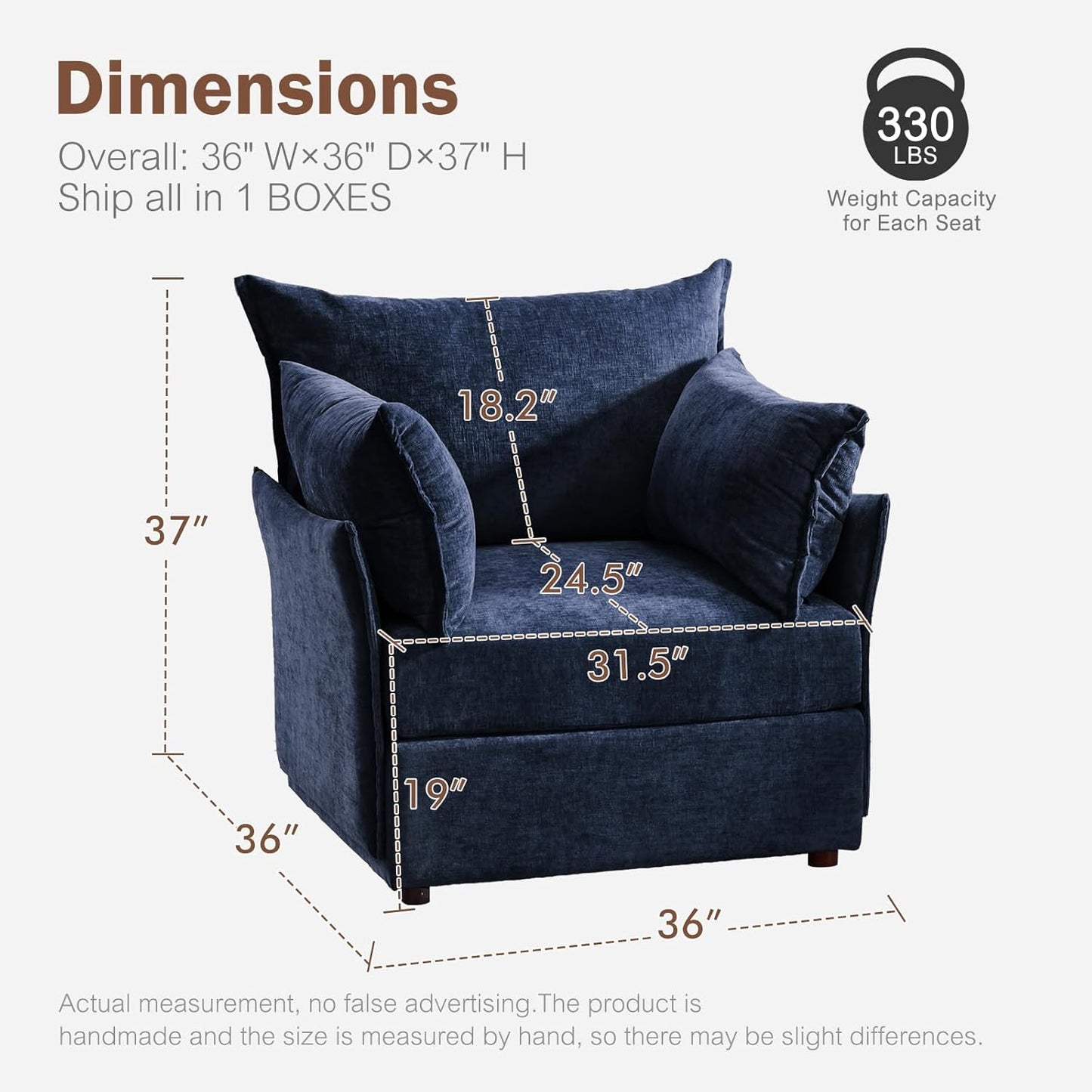 Oversized Accent Chair, Upholstered Modern Sofa Chair with Removable Backrest & Detachable Cover, 24.5" Deep Seat Large Reading Armchair for Living Room Bedroom Office - Chenille Blue Set of 1