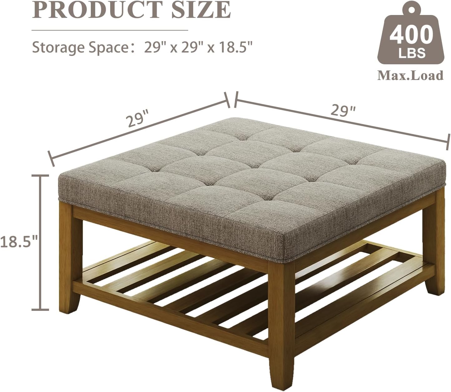 Large Square Ottoman Coffee Table, Linen Solid Upholstered Footrest Ottoman with Solid Wood Shelf Storage Tufted Coffee Table for Bedroom Living Room, Linen