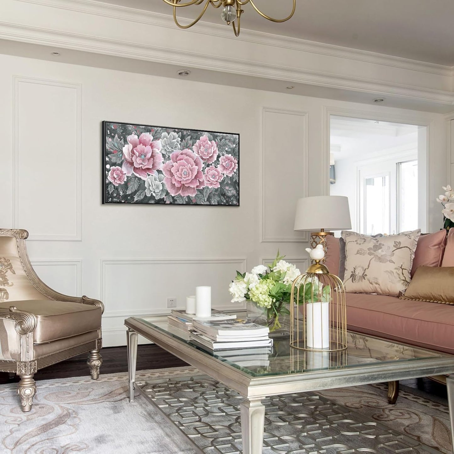 Large Pink Wall Art for Living Room- Pink and Black Peony Floral Canvas Wall Art Modern Framed Moody Black and White Wall Picture Flower Artwork Decor for Bedroom Dining Room Office 48x24