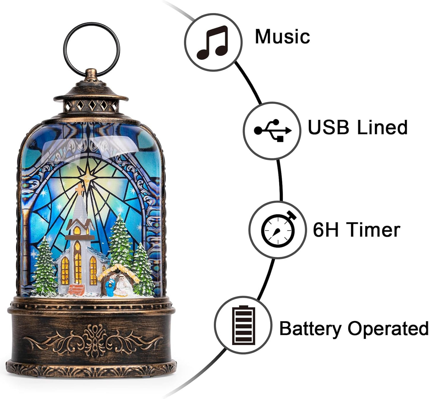 Christmas Snow Globe Lantern Water Glittering Churches & Holy Family with Music& Timer, USB Lined/Battery Operated Lighted Lantern for Christmas Festival Decoration Gifts