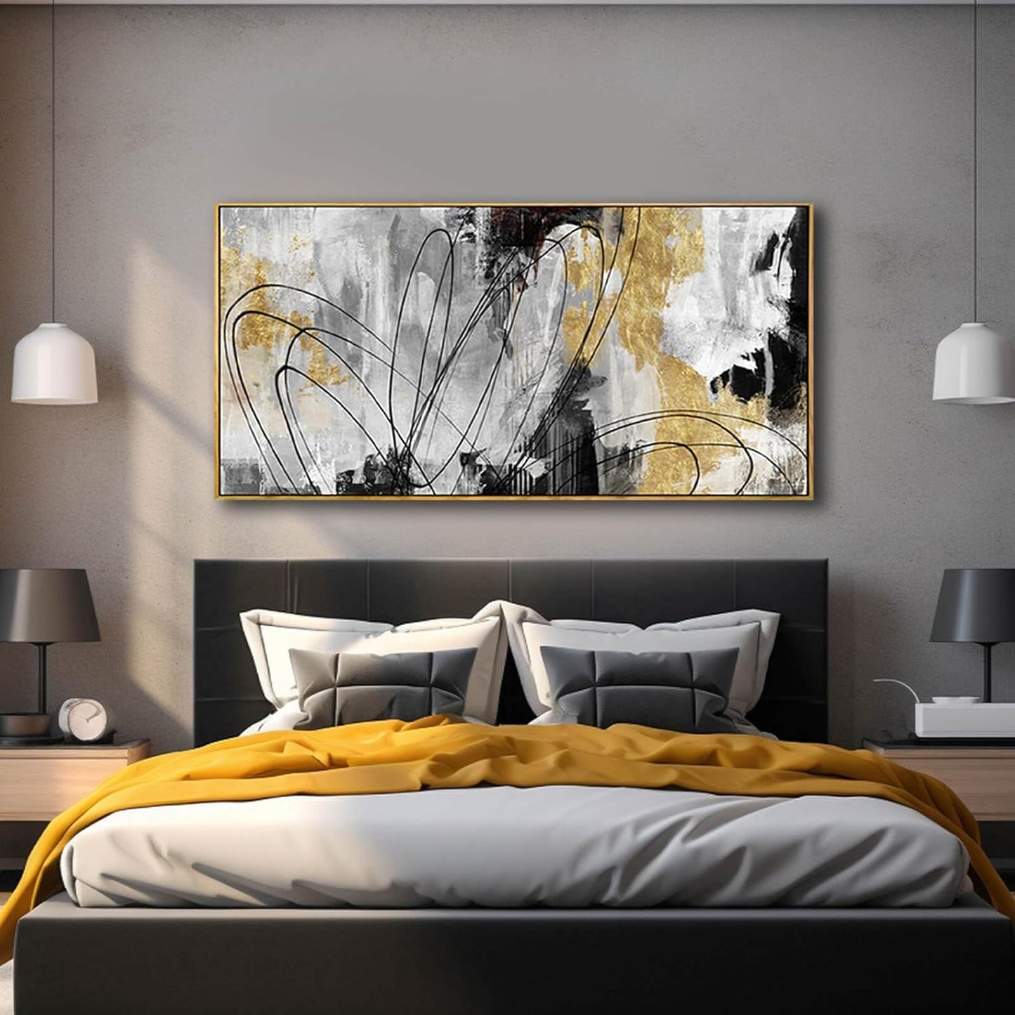 YJYart Abstract Wall Art Office Decor Gold Wall Decor for Living Room Black and White Artwork Line Art Frame Room Decor for Bedroom 24X48 Inch