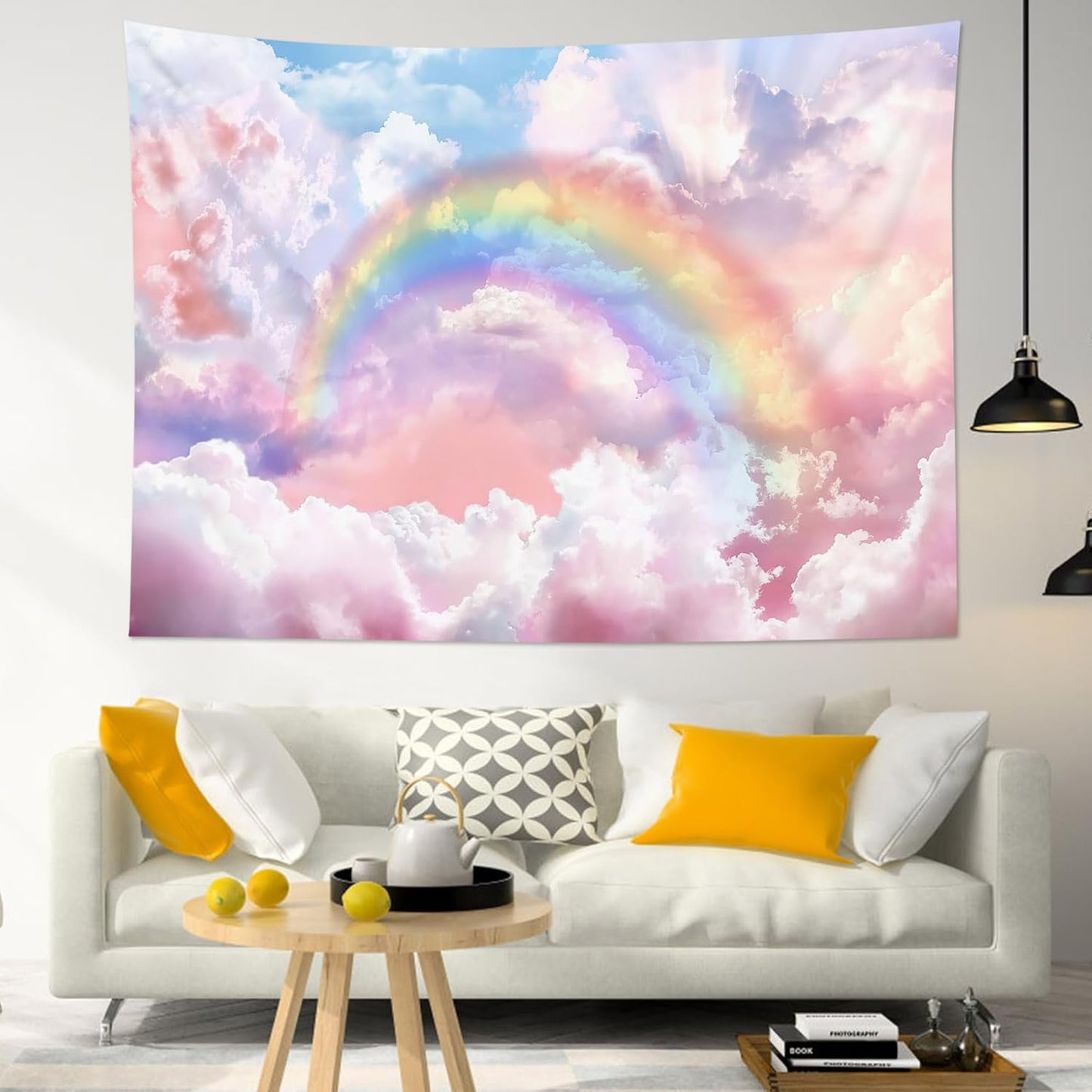 HVEST Rainbow Cloud Tapestry, Polyester Wall Art, Rainbow and Pink Cloud with Glow Sunshine in Pastel Sky, Aesthetic Nature Landscape, Bedroom Living Room Decor, 60x40 Inches