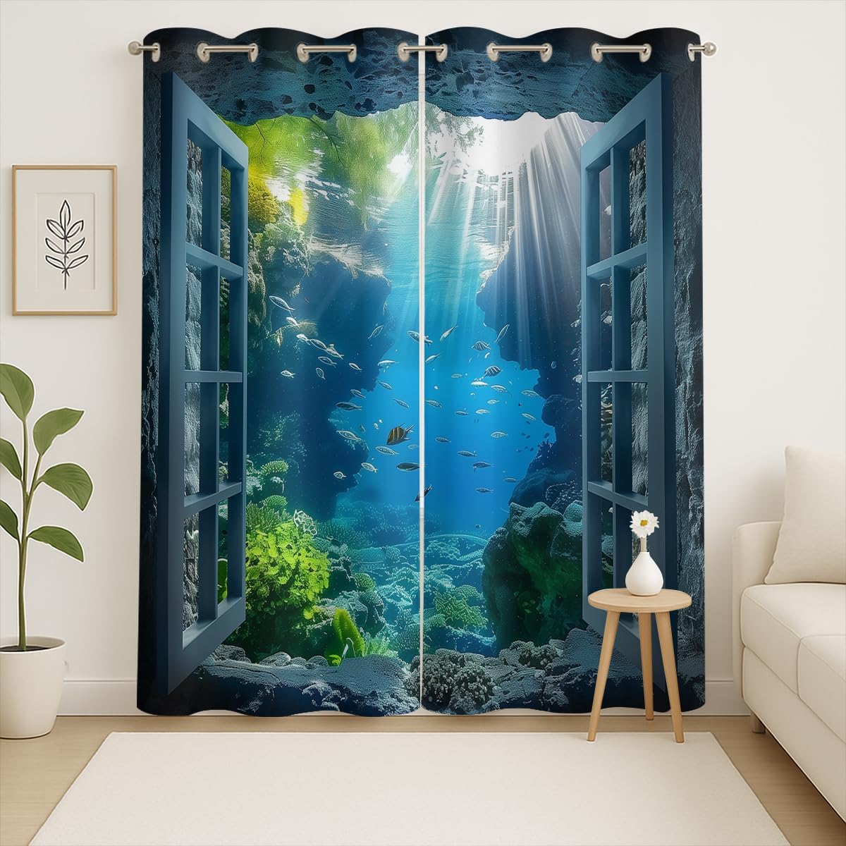 Ocean Fishs Blackout Curtains for Girls Boys Home Decor, Underwater Tropical Fish Undersea Coral Grommet Thermal Insulated Drapes Darkening Window Curtain for Bedroom Living Room, 72 x 63 Inch