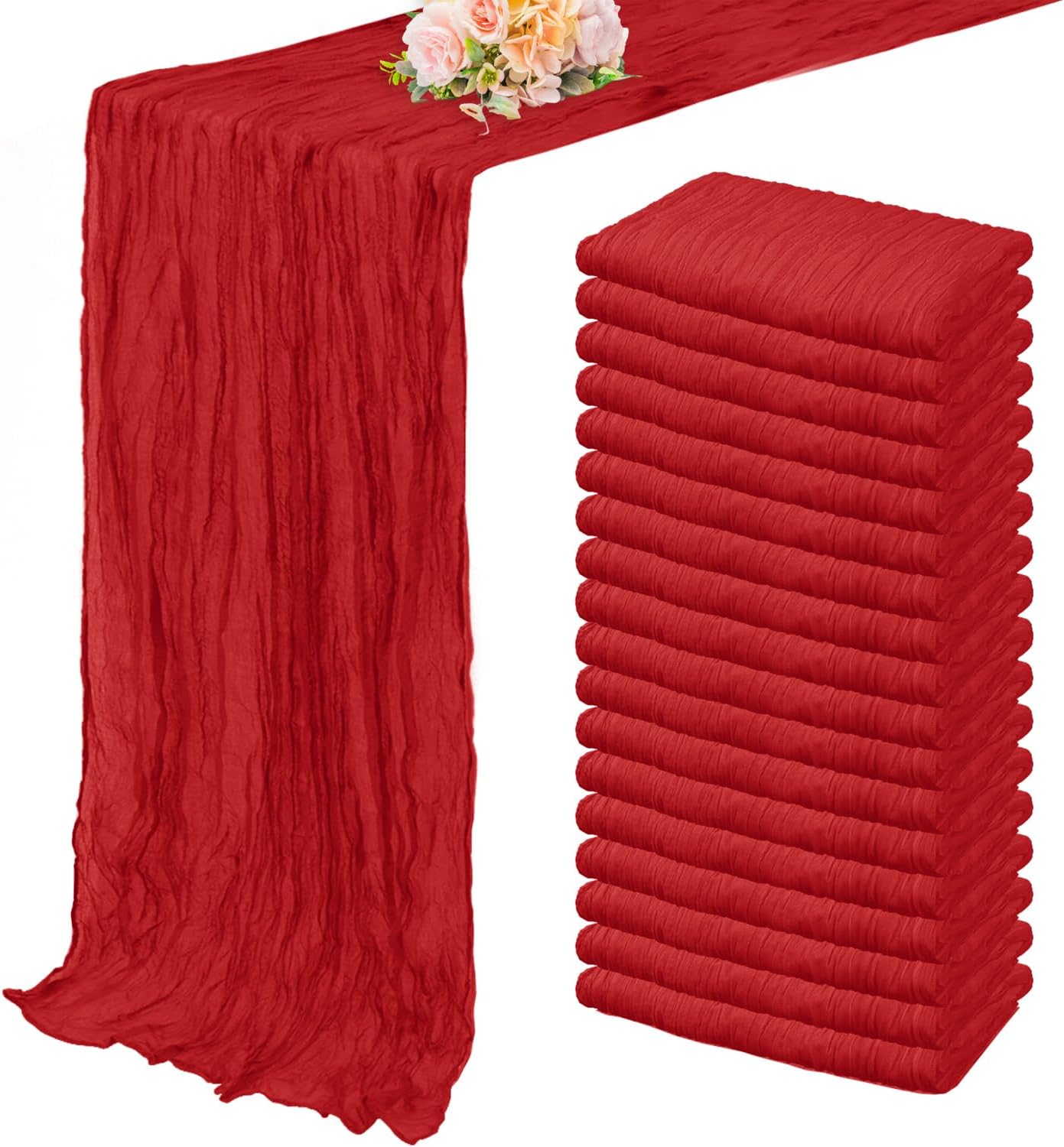 20 Pack Red 10FT Cheesecloth Table Runner Rustic Gauze Fabric Cheese Cloth Table Runner for Wedding Bridal Baby Shower Table Decor Boho Sheer Birthday Party Table Decorations 20 x 120 Inch Long