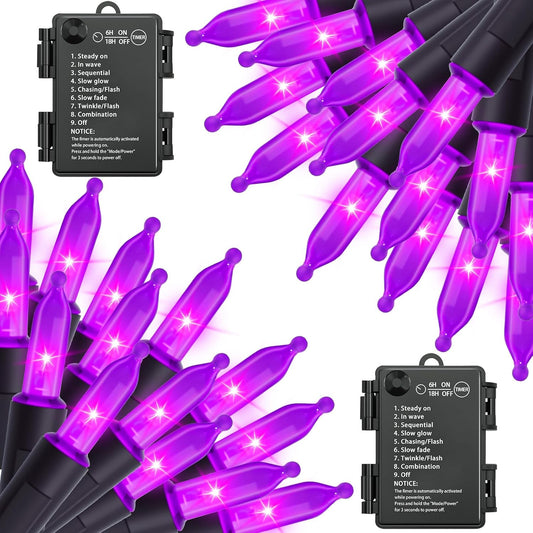 Halloween Purple Lights Decorations, 2 Pack 17FT 100 LED Mini Fairy Lights Battery Operated with 8 Modes Timer Waterproof for Indoor Outdoor Use, Patio Tree Holiday Party Halloween Decor