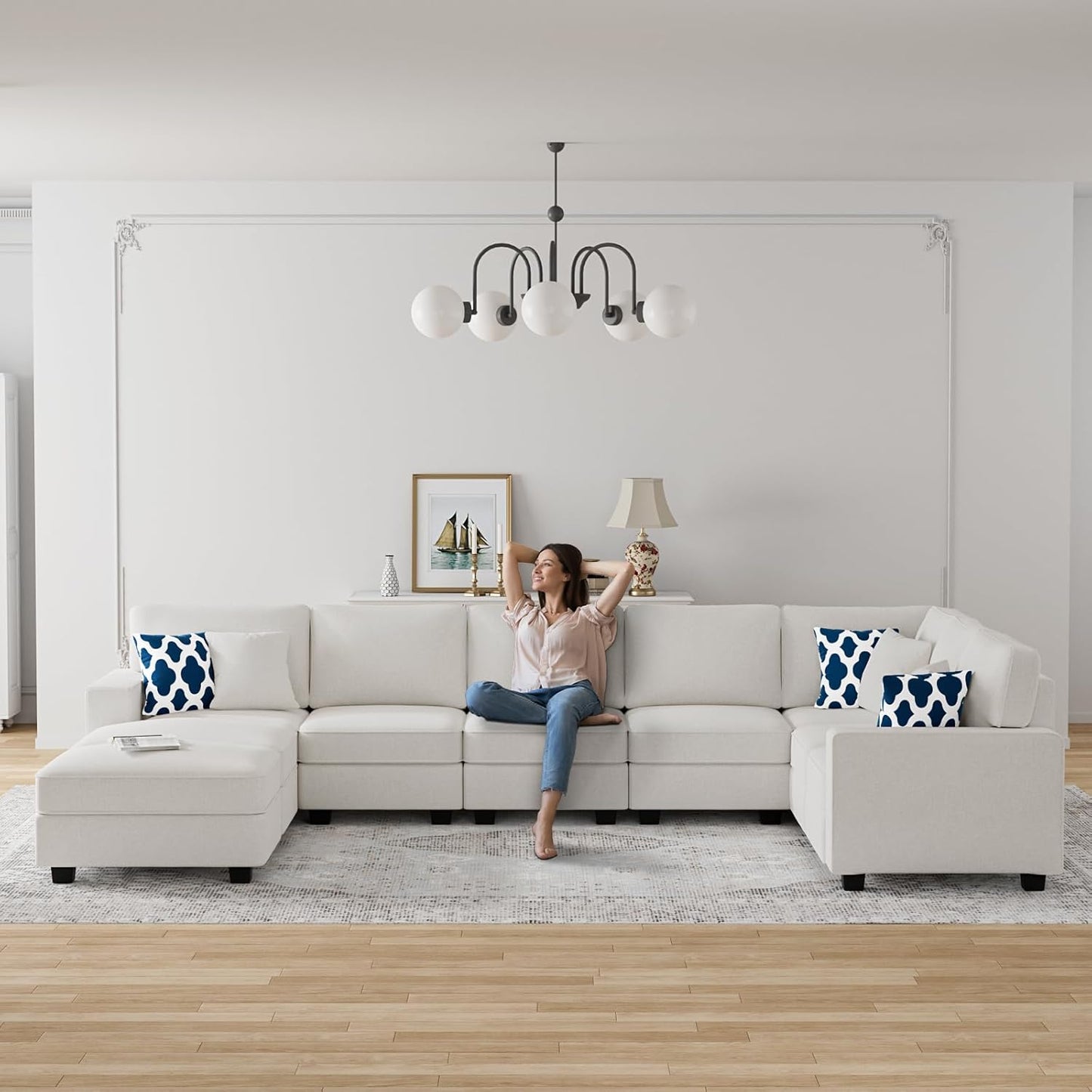 L Lengend Vansen Modular Sectional Sofa U Shaped Couch with Ottoman Modern Reversible Corner Sectional Couch for Living Room (Cream, U Shaped Sofa-5)