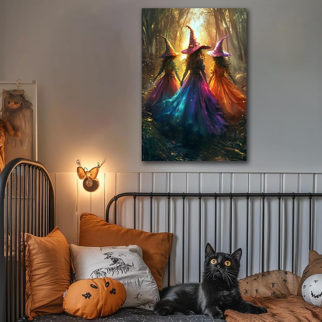 Halloween Room Decor Wall Art Colorful Witch Prints,Vintage Three Colorful Witches in Forest Halloween Posters,Fall Fantasy Aesthetic Pictures Playful Art Wall Decor for Bedroom,24"x36" Unframed