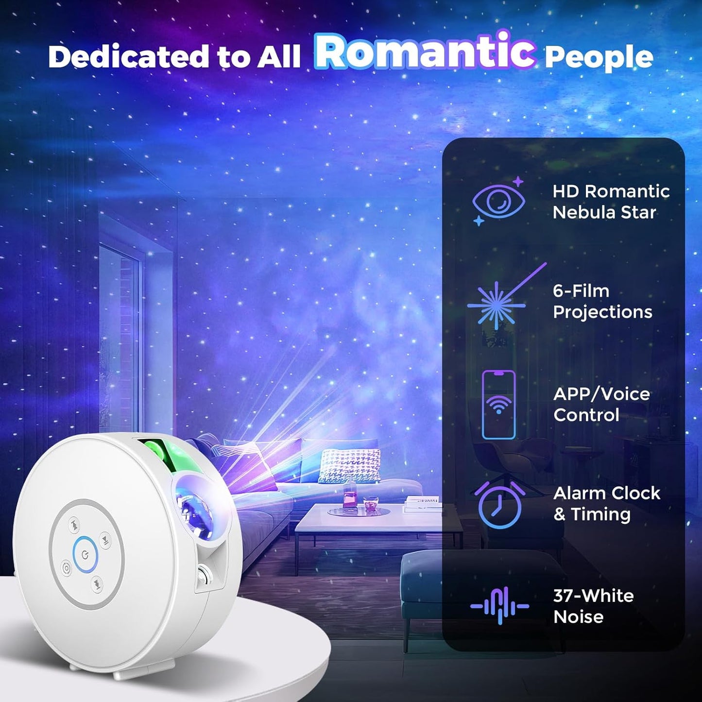 Smart Star Light Projector,Galaxy Projector with 6 Projection Slide,Smart APP & Voice Control Rotatable Galaxy lamp with 24H Timer and 37 White Noises Cloud Light Gift for Kids Room Decor(White)