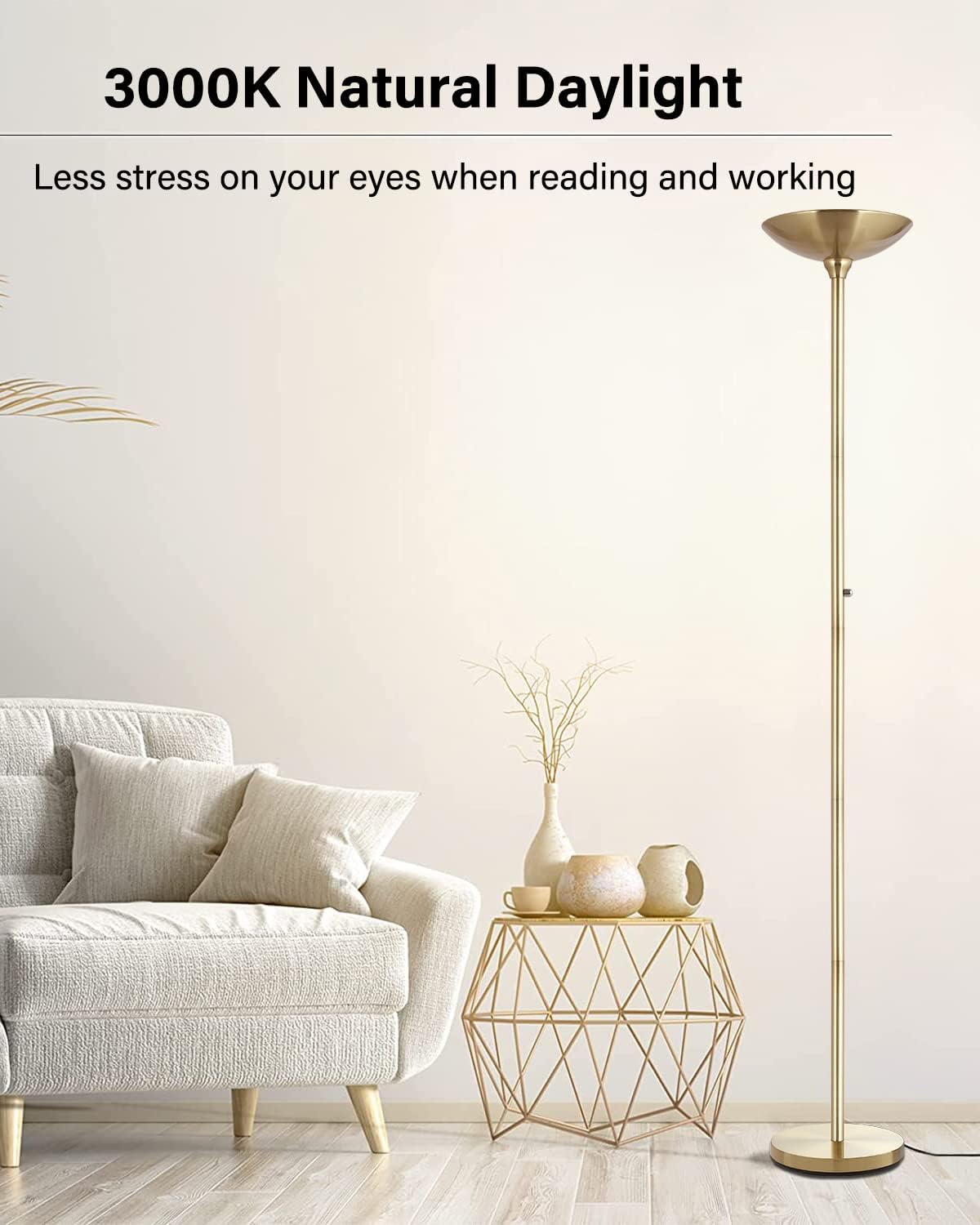 BoostArea Torchiere Floor Lamp Gold, 30W Super Bright LED Standing Lamp, 3000K Stepless Dimmable Pole Lamp with Rotary Switch, 70 Inch Tall Metal Modern Floor Lamps for Living Room/Bedroom/Office/Den