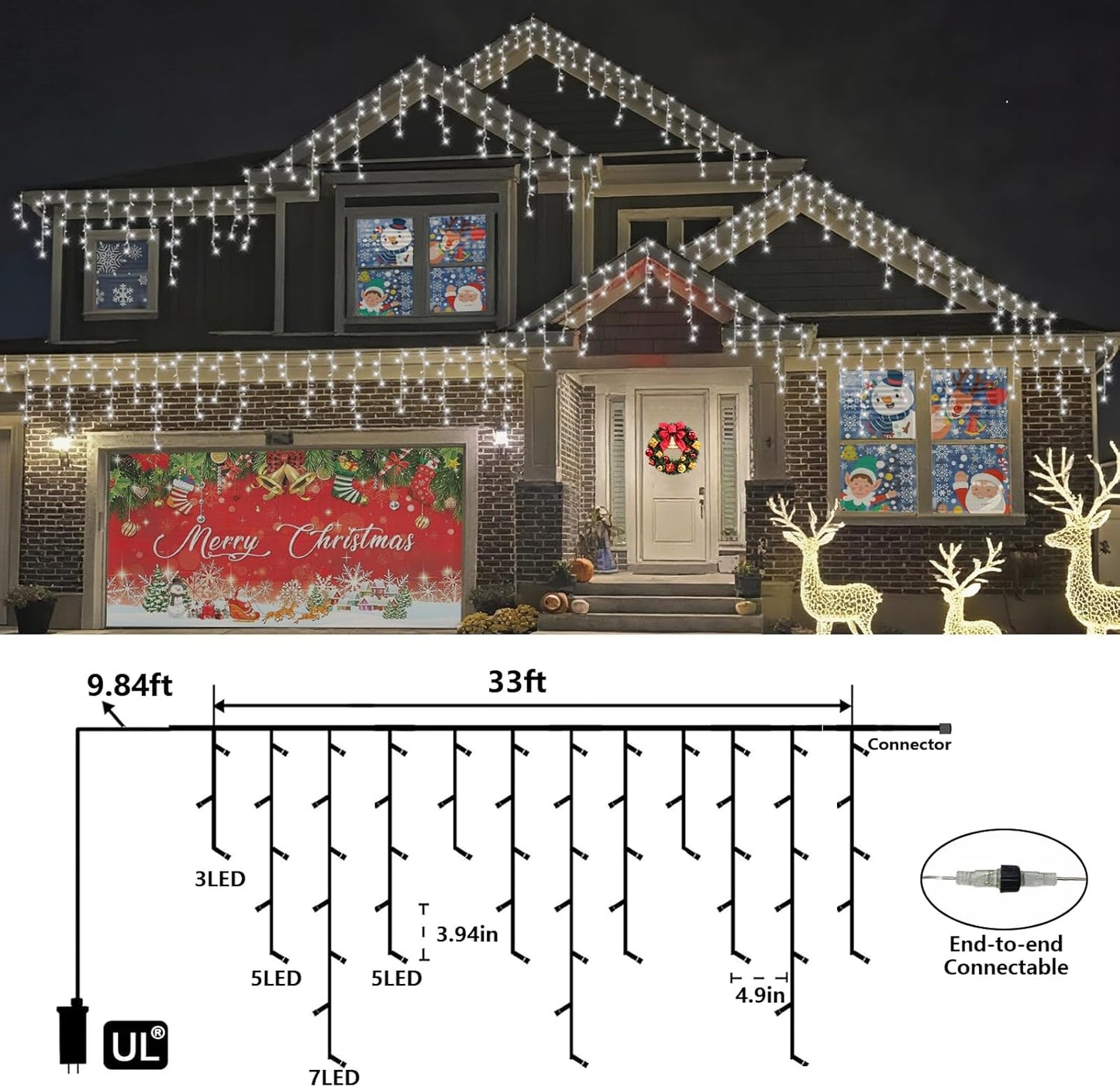 QITONG White Icicle Lights for Outside, 33ft 400 LED Christmas Lights Plug in, Connectable Clear Wire String Lights Indoor with 8 Modes