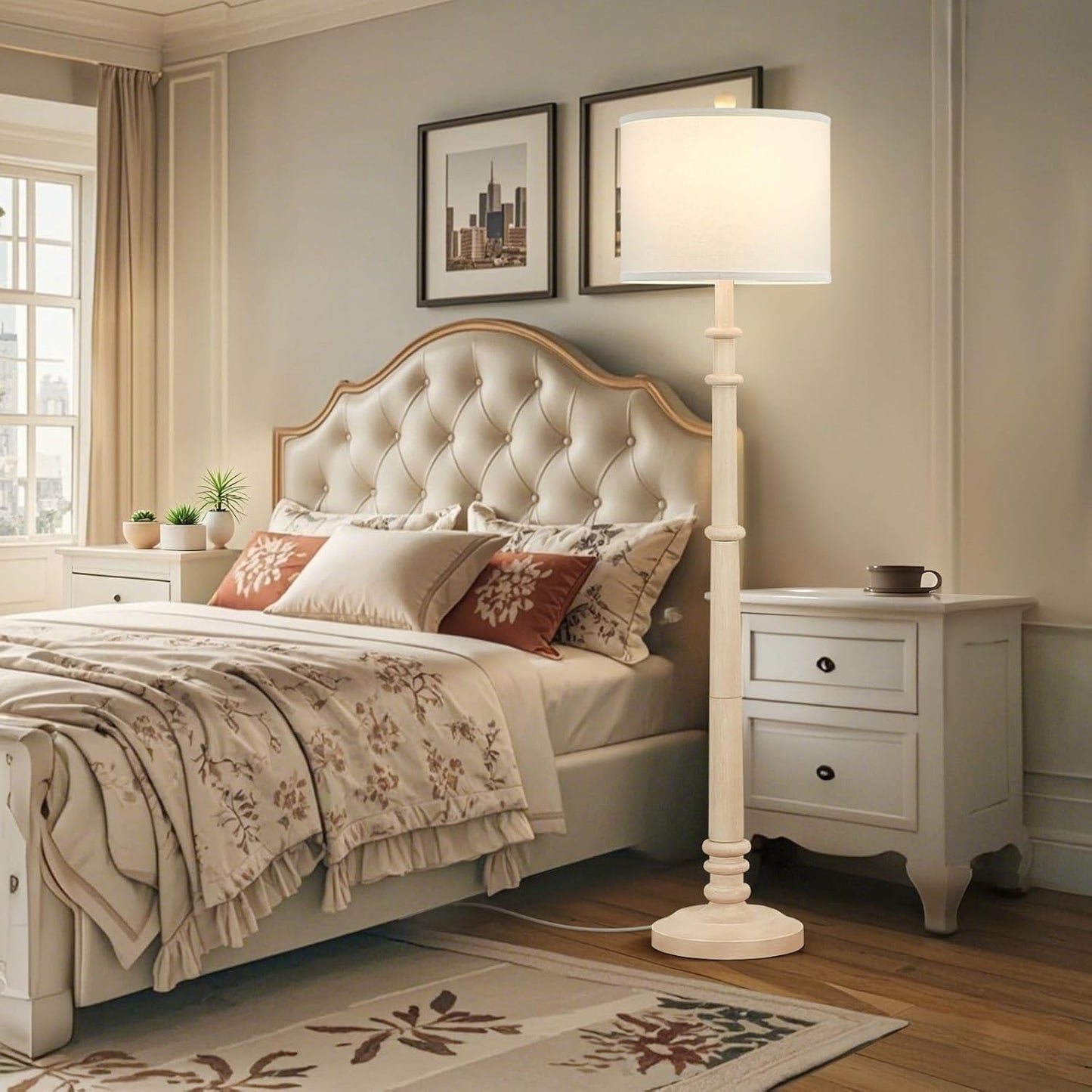 Floor Lamps for Living Room - 60" Resin Farmhouse Floor Lamp with 3 Color Temperatures - Vintage Standing Lamp Reading Light with Linen Shade Rustic Tall Lamp for Bedroom Office, Oatmeal Wash