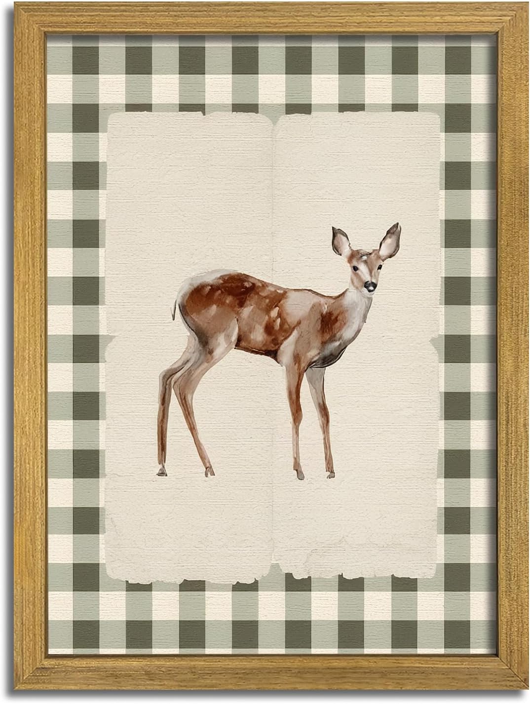 Wood Framed Deer Wall Art Print, Woodland Baby Deer Canvas Poster Wall Decor, Vintage Rustic Green Gingham Farmhouse Animal Picture for Living Room Kitchen Bedroom Nursery Decor, 16x24 inch