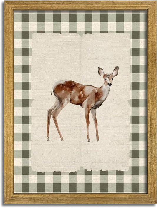 Wood Framed Deer Wall Art Print, Woodland Baby Deer Canvas Poster Wall Decor, Vintage Rustic Green Gingham Farmhouse Animal Picture for Living Room Kitchen Bedroom Nursery Decor, 16x24 inch