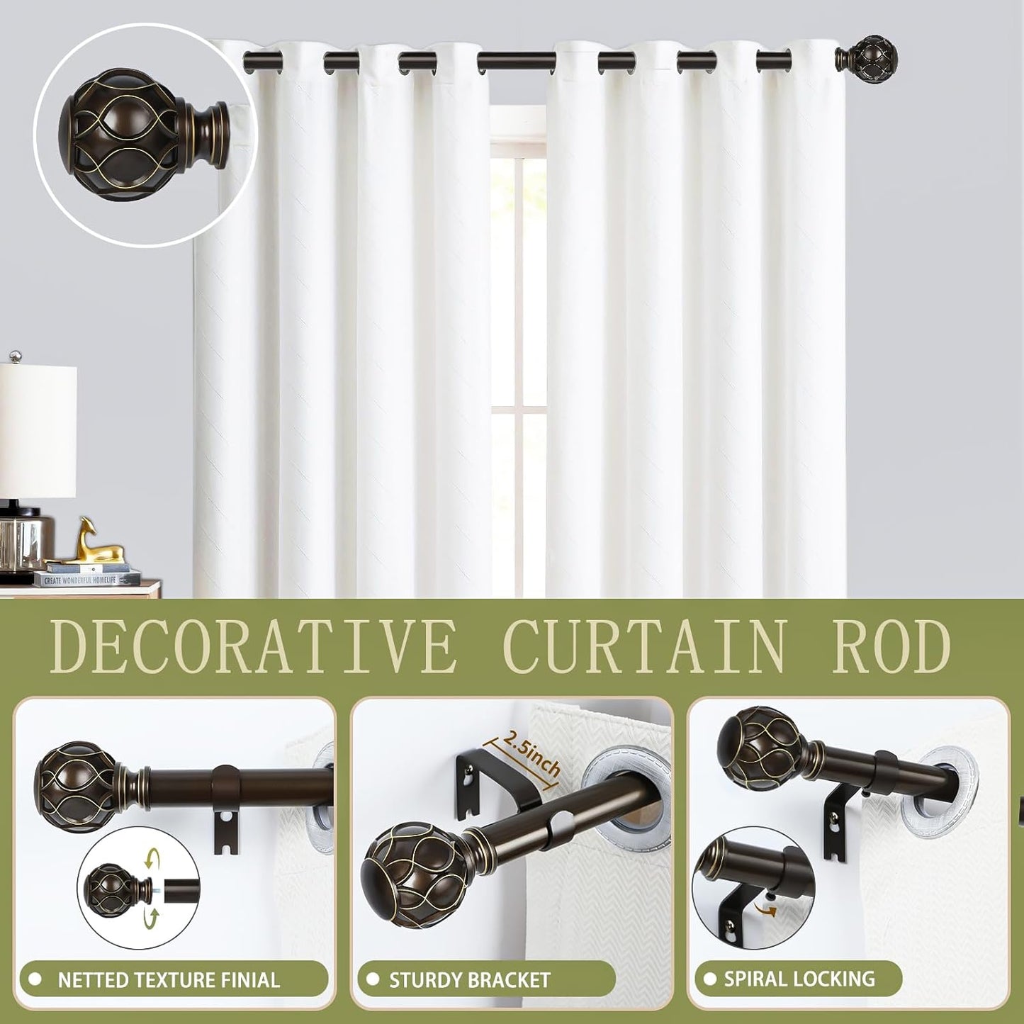 Bronze Farmhouse Curtain Rods for Windows:18-45 Inch Heavy Duty Adjustable Curtain Rod for Bedroom Living Room,Boho Decorative Rustic Drapery Rods with Vintage Coastal Finial,Antique Bronze