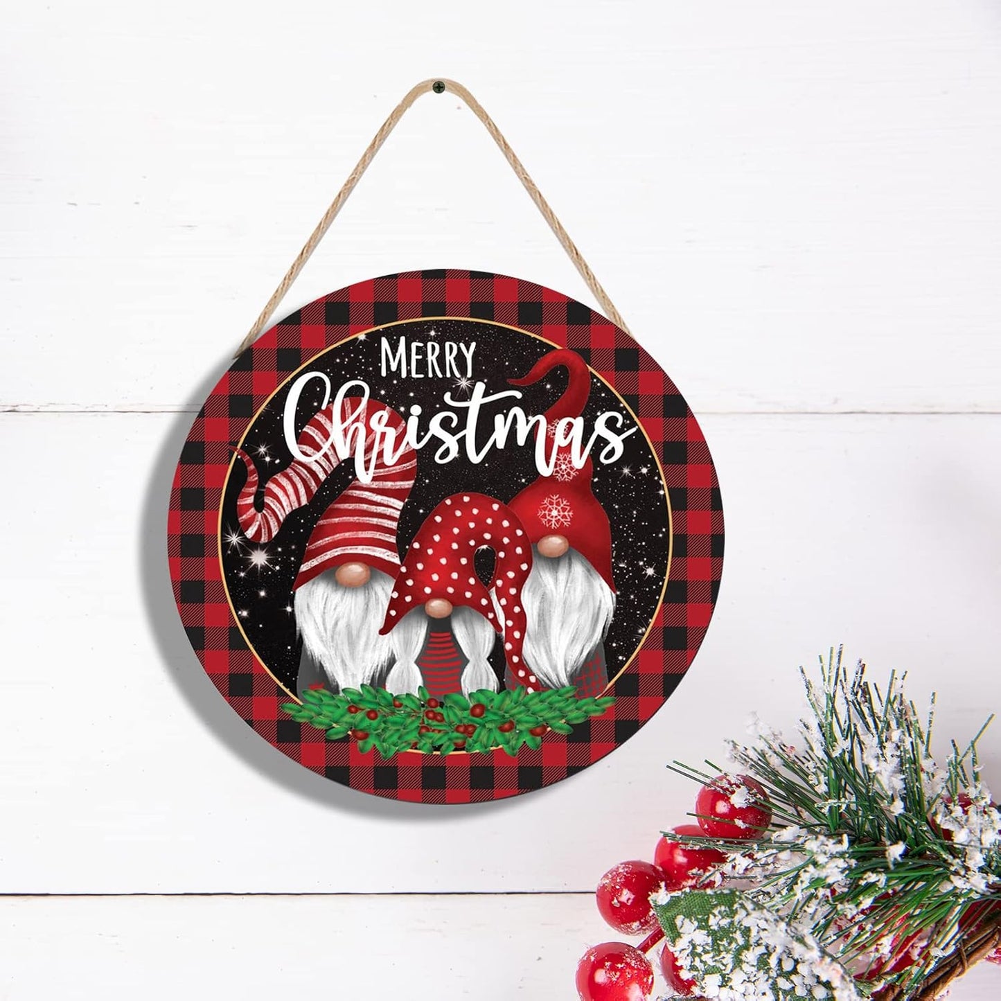 Christmas Gnome Wooden Hanging Sign Door Decoration,Merry Christmas Welcome Sign Front Door with Three Dwarfs for Christmas Home Window Wall Farmhouse Indoor Outdoor