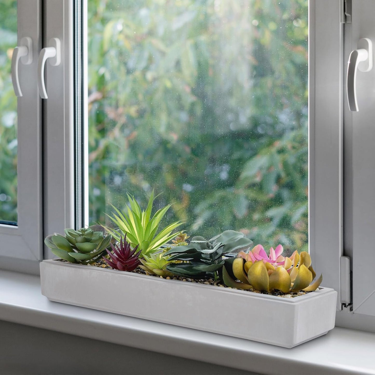 MyGift 15 Inch Mixed Color Assorted Artificial Succulent Plant Arrangement in Modern Gray Clay Planter Tray