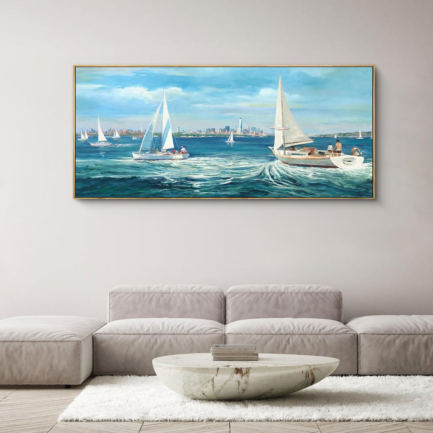 XLSJERST Large Blue Canvas Wall Art Seascape Painting - Landscape Picture Textured Navy Modern Sailboat Ocean Artwork Framed for Living Room Bedroom Bathroom Home Office Wall Decor Large Size 70"x31"