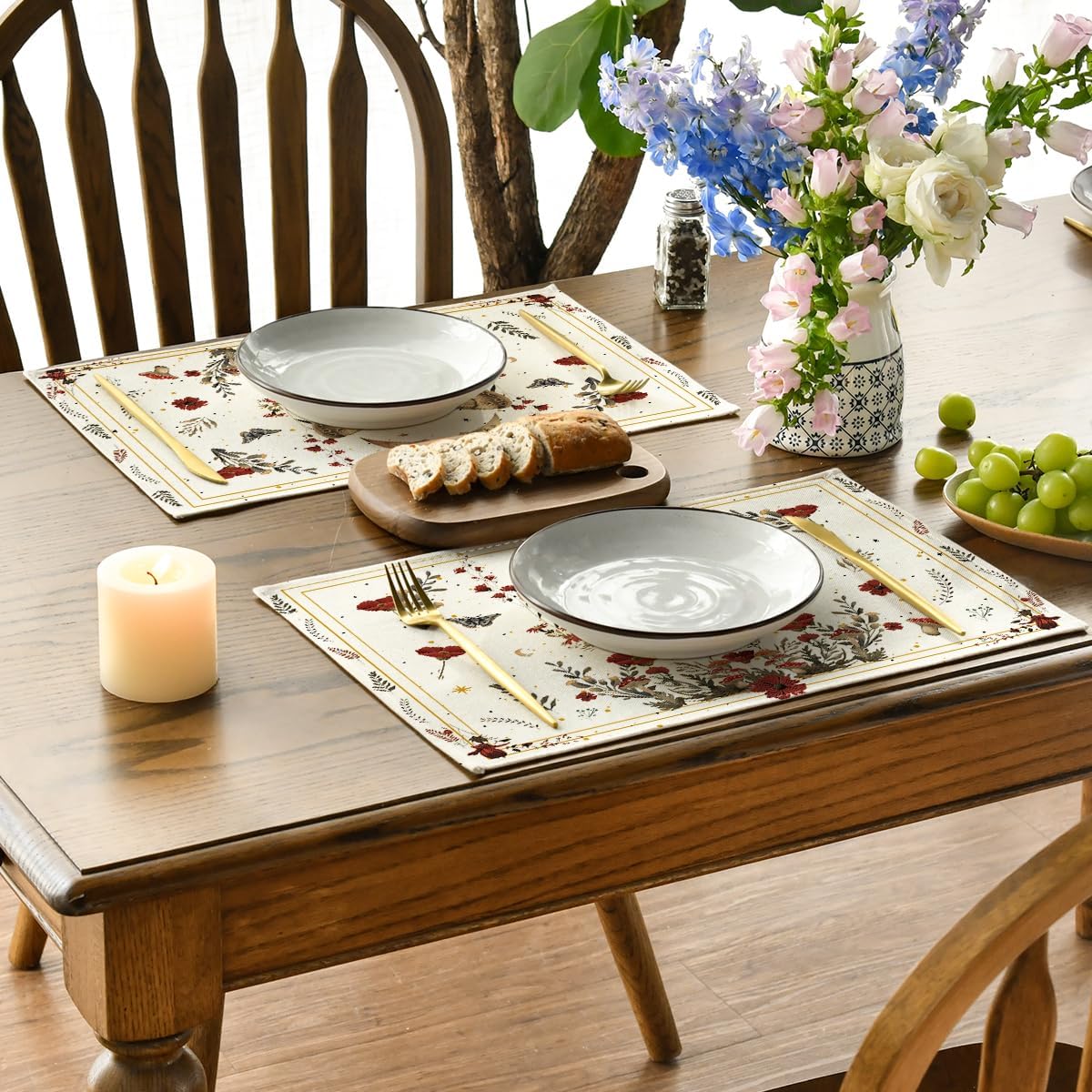 Artoid Mode Beige Poppy Moth Moon Placemats Set of 4, 12x18 Inch Floral Spring Table Mats for Outdoor Home Party Kitchen Dining Decor