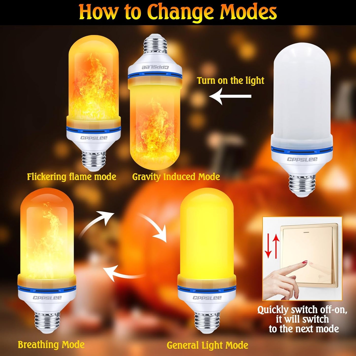 CPPSLEE Upgraded LED Flame Light Bulbs, 4 Modes Flickering Light Bulbs, E26 Base Fire Flame Bulb for Halloween Decorations Outdoor, Christmas Lights Patio Indoor Home Decor (Yellow, 1 Pack)