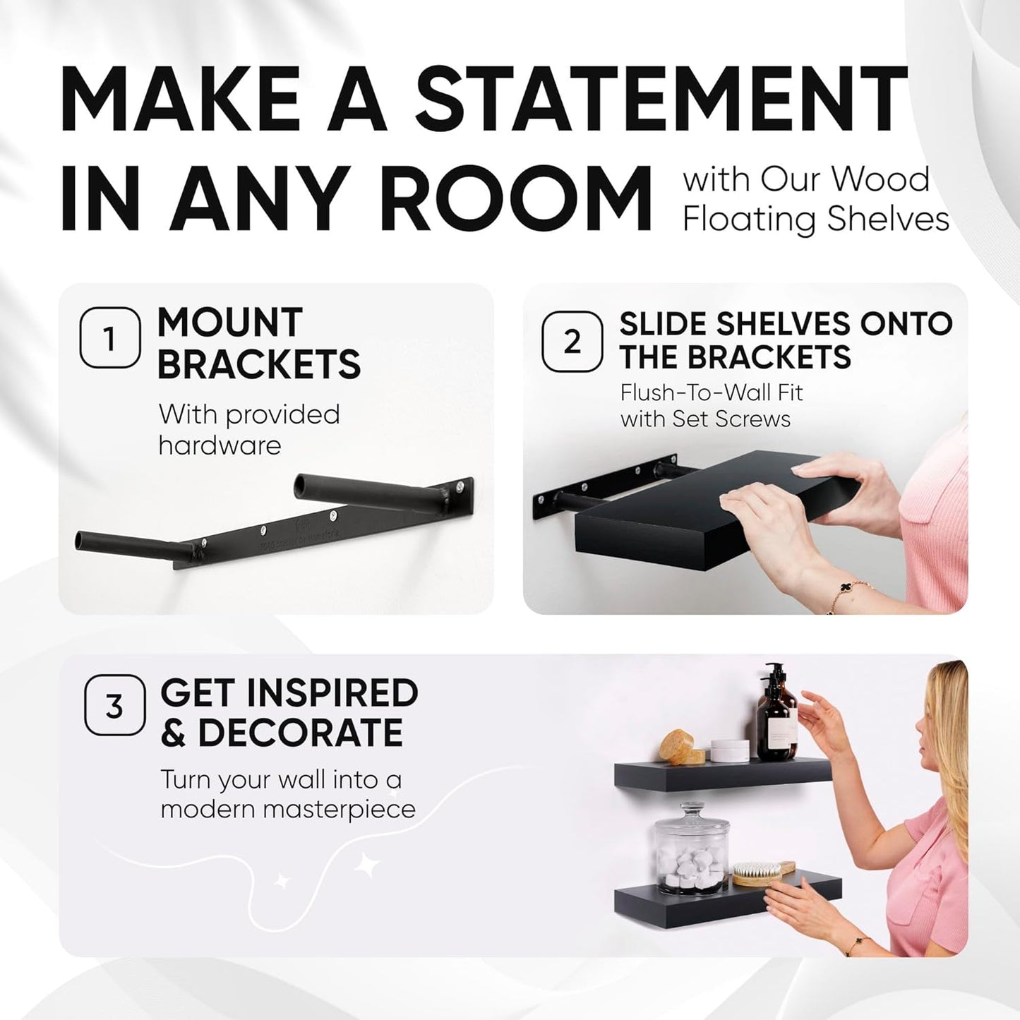 Homeforia Black Floating Shelves 24 inch, High End Solid Real Wood 24inch Bathroom Floating Shelf for Wall Mounted, Black Wooden 24in Floating Shelves, Heavy Duty Bracket, 24 X 6.5 X 1.75 in, Set of 3