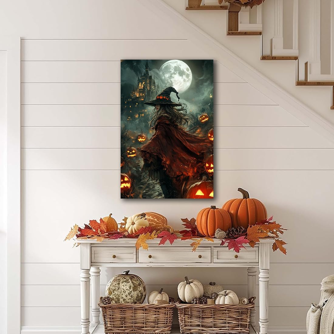 Dark and Moody Gothic Witch Poster Wall Art,Vintage Rustic Witch in Cloak with Castle Pumpkin Road Dark Gothic Poster,Goth Spooky Season Halloween Prints for Fantasy Office,20"x30" Framed