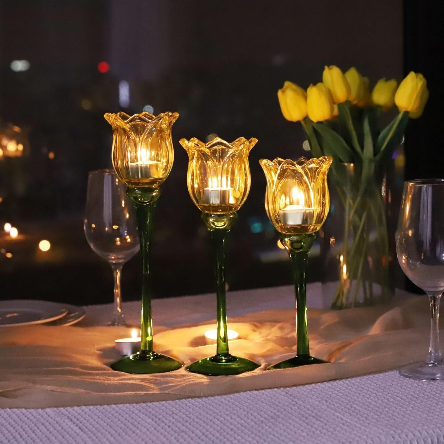 VOHO Yellow Tulips Candle Holders for Modern Home Decor, Bright Yellow Tealight Candle Holder Birthday Gifts for Women Friends, Tulip-like Tea Lights Candle Holder for Party Table Centerpiece(Set of3)