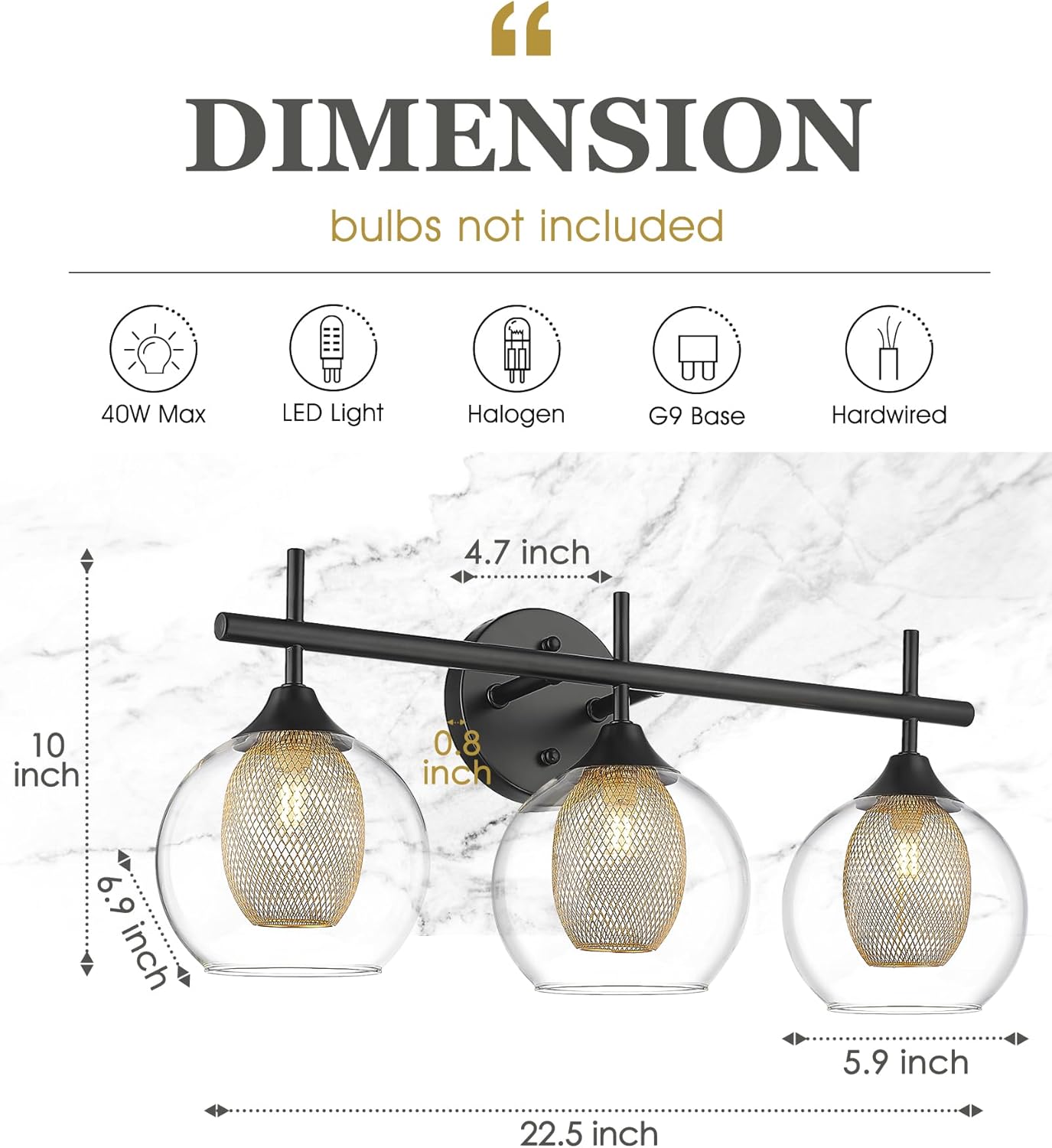 Bathroom Light Fixtures, 3-Light Black and Gold Vanity Lights Over Mirror, Farmhouse Wall Sconce Lighting with Clear Glass and Honeycomb Metal Shade, AD-22001-3W-BK